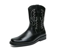 Western Cowboy Boots for Men Thick Sole Embroidered Retro Stitching Field Work Boot for Horse Farm Ranch Construction Garden, Black, 24.5 cm