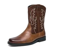 Western Cowboy Boots for Men Thick Sole Embroidered Retro Stitching Field Work Boot for Horse Farm Ranch Construction Garden, Coffee, 26.5 cm