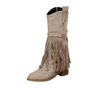 Western Cowboy Boots for Women Chunky Heel Fringe Tassel Boots Mid Length Wide Calf Fashion Cowgirl Boot Comfortable Low Heels Zipper Pointed Toe Booties