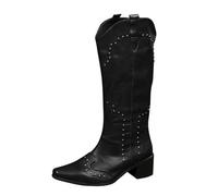 Western Cowboy Boots for Women Wide Calf Casual Long Booties Stylish Pointed Toe Chunky Heel Comfortable Pull On Knee High Boots Outdoor Walking