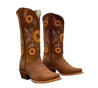 Western Cowboy Boots for Women Wide Calf Low Heel Distressed Cowgirl Boots Fall Boots for Women Mid Calf Cowboy Cowgirl Western Boots Sunflower Embroidery Stitched Booties (Color : Brown, Size : 43