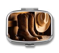 Western Cowboy Boots Pill Box 2 Compartment Square Metal Pill Organizer Portable Mini Travel Medicine Case with Mirror Cute Medicine Container Holder for Pocket Purse