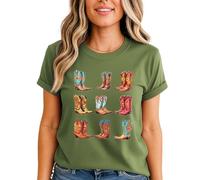 Western Cowboy Boots Womens Graphic T-Shirt Floral Country Style Ladies Tee 3XL (26-28) Classic Olive
