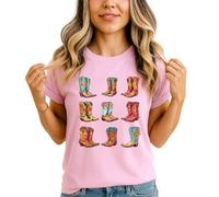 Western Cowboy Boots Womens Graphic T-Shirt Floral Country Style Ladies Tee L (16-18) Light Pink