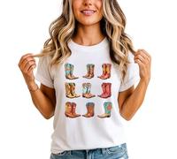 Western Cowboy Boots Womens Graphic T-Shirt Floral Country Style Ladies Tee L (16-18) White