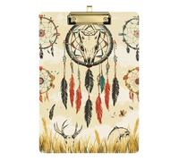 Western Cowboy Dream Catcher Cow Skull Acrylic Work Binder Clip Board Standard Letter A4 Size Plastic for Nursing Student Trade Quest Gold 12x9in Tablas para escribir