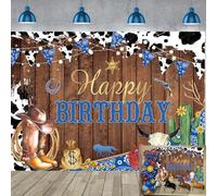 Western Cowboy Happy Birthday Backdrop 6x4ft Rustic Wooden Board Wild Boys Men Country West Photography Background Blue Cow Print Farm Birthday Party Photo Booth Prop
