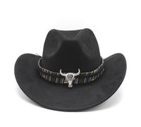 Western Cowboy Hat, Black, Felt Material, Bull Skull Ornament, Multicolor Beaded Band