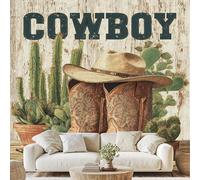 Western Cowboy Hat Boho Boots Wall Mural Wild West Desert Cactus Peel and Stick Photo Wallpaper 150x100 cm Vintage Backdrop Non-Woven Wall Stickers for Bedroom Living Room Decoration Wf187g