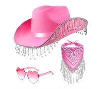Western Cowboy Hat Cowgirl Hats with Rhinestone Tassel Party Fedora Hat Costume for Women Men Wedding Music Costume Party