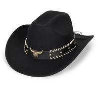 Western Cowboy Hat for Men Women Classic Roll Up Fedora Hat with Buckle Belt(Size:S-M), Bull Black, S/M