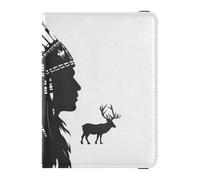 Western Cowboy Indian Headdress Tribal Deer Black Leather decorative passport holder for travel women Vaccine Card Holder Cover Combo Passport Case Lightweight, Western cowboy Indian headdress Tribal