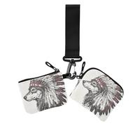 Western Cowboy Indian Headdress Tribal Wolf Black Women's Dual Wallets Business Card Cases Compact Size Zipper Wristlet Wallet with Wristlet Strap for Work Travel 2 Packs, Western cowboy Indian