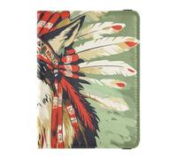 Western Cowboy Indian Headdress Tribal Wolf Green Leather decorative passport book holder Travel Documents Organizer Protector Cute Passport Book Waterproof, Western cowboy Indian headdress Tribal