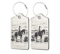 Western Cowboy On Horse Desert Luggage Tag for Suitcase 2 Pack Leather Luggage Tag with Privacy Flap Name Id Label and Metal Loop for Women Men Travel