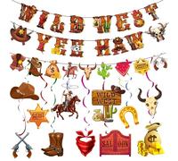 Western Cowboy Party Decorations, 13pcs Cowboy Theme Party Decorations Set Including Wild West Hanging Swirls + Happy Birthday Banner etc