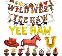 Western Cowboy Party Decorations Banner - 18Pcs Gold Yee Haw Foil Balloons Pattern Pull Flag Boots Horse Horseshoe Balloon Cake Toppers For Cowboy Themed Western Baby Shower Birthday Party Decor