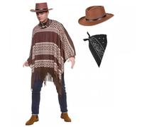 Western Cowboy Poncho + Gunslinger Hat + Black Bandana : Adult Wild West Drifter Gunman Mens Fancy Dress Costume
