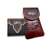 Western Cowboy Praying at Cross Leather Wallet and Holster Set - Hand Tooled Floral Design, Christian Gift Set for Men Brown