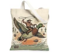 Western Cowboy Riding Duck Illustration Canvas Tote Bag 13x15 Inch | Western Artistic Theme, Fanciful Duck Illustration, Desert Landscape Elements, Casual Everyday Accessory