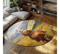 Western Cowboy Round Area Rugs 100cm - Washable Low Pile Circle Carpet Horse Mountain Prairie Print for Living Room Bedroom Foyer Entryway