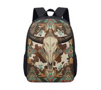 Western Cowboy Skull Bull Graphic 17 Inch Backpack Cactus Horseshoe Geometric Print Rucksack School Bag for Kids Teens Student (03)