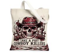 Western Cowboy Skull Graphic Ink Sketch Canvas Tote Bag 13x15 Inch | Western Theme, Desert Landscape, Edgy Graphic Art, Casual Daily Use, Artistic Illustration
