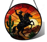 Western Cowboy Stained Glass Window Hanging Sun Catcher, Desert Horse Rider Round Panel, Stained Glass kit Style Decor for Indoor Window Home Display
