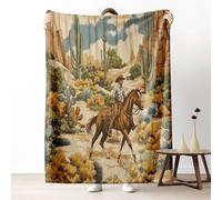 Western Cowboy Throw Blanket for Couch, Wild West Flannel Blanket 50"x60" Lightweight, Horse Desert Cactus Blankets for Bed, Warm Soft Cozy Washable Bedding for All Season
