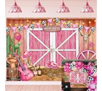 Western Cowgirl Backdrop Pink Wild West Wooden House Barn Door Photography Background for Cowboy Theme Birthday Baby Shower Photo Booth Western Party Supplies (8x6FT（240x180cm）)
