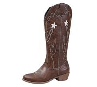 Western Cowgirl Boots, Black Star Embroidery, Mid-Calf Length High Thick Heel Boots Women's Pointed Fashion Classic Winter for Women Uk (Coffee, 7)