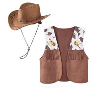 Western Cowgirl Costume Outfit for Boys Girls 2pcs Vintage Leather Cowboy Hat Tassel Vest Set Fancy Dress Hippie Costume Sleeveless Fringe Jacket Cowboy Dress Up Accessories for Role Play Halloween