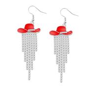 Western Cowgirl Enamel Hat Earrings - Sparkling Rhinestone Fringe Dangle Earrings for Rodeo, Country Concert, Cowboy Outfit Jewelry Gift, Middle, Zinc, No Gemstone