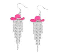 Western Cowgirl Enamel Hat Earrings - Sparkling Rhinestone Fringe Dangle Earrings for Rodeo, Country Concert, Cowboy Outfit Jewelry Gift, Middle, Zinc, No Gemstone