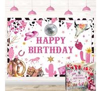 Western Cowgirl Happy Birthday Backdrop Pink Disco Wild West Cactus Cow Print Photography Background for Girls Women Birthday Party Decorations Background (6X4FT (180x120cm))