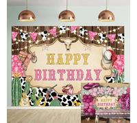 Western Cowgirl Happy Birthday Backdrop Pink Wild West Cow Print Cactus Boot Rustic Rodeo Photography Background Girls Women Birthday Party Baby Shower Decorations Photo Booth Props 8x6FT