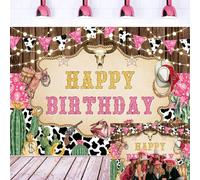 Western Cowgirl Happy Birthday Backdrop Pink Wild West Cow Print Cactus Boot Rustic Rodeo Photography Background Girls Women Birthday Party Baby Shower Decorations Photo Booth Props 7x5FT