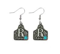 Western Cowgirl Initial Earrings for Women, Vintage Cow Tag Dangle Earrings with Turquoise, Personalized Letter A-Z Belt Buckle Jewelry, L, Metal, No Gemstone