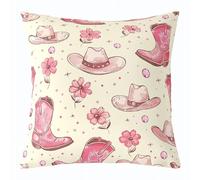Western Cowgirl Kids Throw Pillow Cover,Cowboy Hats Boots Flower Double Sides Pillow Case,Retro Rustic Modern Home Decor,Beige Pink Bed Couch Sofa Cushion Cover,1 Pack 16"x16"