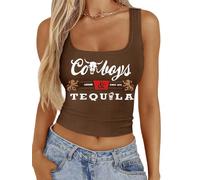 Western Cowgirl Tank Tops Women Country Music Crop Top Sleeveless Cowboy Graphic Cami Shirt, Brown, S
