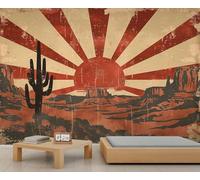 Western Desert Mural Retro Cactus Wallpaper Sunset Southwest Wall Mural Extra Large Panoramic Wallpaper Hotel Restaurant Lobby Custom Wall Paper (Non-self-Adhesive)
