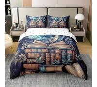Western Dragon Bedding Set Boys Girls Retro Books Floral Duvet Cover Starry Night Sky Comforter Cover Brown Navy Kids Bedroom Decor 3Pcs Double 100% Cotton,No Comforter