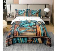 Western Dragon Bedding Set Boys Girls Retro Books Flowers Duvet Cover Mystery Wild Animal Comforter Cover Brown Teal Kids Bedroom Decor 3Pcs Double 100% Cotton,No Comforter