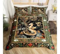 Western Dragon Bedding Set Country Style Flowers Leaves Bedding Duvet Cover Kids Teens Tribal Tree of Life Comforter Cover Green Khaki Black Bedroom Quilt Covers 2Pcs Single,No Comforter
