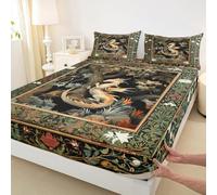 Western Dragon Fitted Sheet Single Size,Country Style Flowers Leaves Mattress Cover Tribal Tree of Life Bedding Set for Kids Adults Green Khaki Black Deep Pocket Sheet 2Pcs,No Top Flat