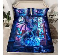 Western Dragon Kids Fitted Sheet Single Size,Purple Wing Dragon Glitter Romantic Bedding Set,Boys Girls Room Decor,Glass Geometric Patchwork Blue Fashion Bed Sheet,1 Pillowcase(Not Flat Sheet)