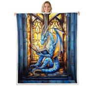 Western Dragon Kids Throw Blanket,Blue Dragon Reading Book Bookshelf Bed Blanket for Boys Girls,Geometric Patchwork Abstract Fleece Blanket,Trippy Chic Fuzzy Blanket,40 x 50 Inches