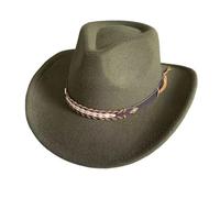 Western Felt Cowboy Hat Unisex Wide Brim Fedora with Belt Buckle Band, Classic Fedora Style Themed Party & Costume Headwear Army Green