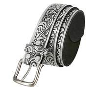 Western Floral Engraved Embossed Tooled Genuine Leather Belt with Antique Silver Buckle 1-1/2"(38mm) Wide - Grey - 34