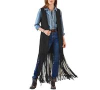 Western Fringed Vest Women's Vintage Sleeveless Open-front Waistcoat with Long Tassel Detail Casual Chic 70s Hippie Black XL